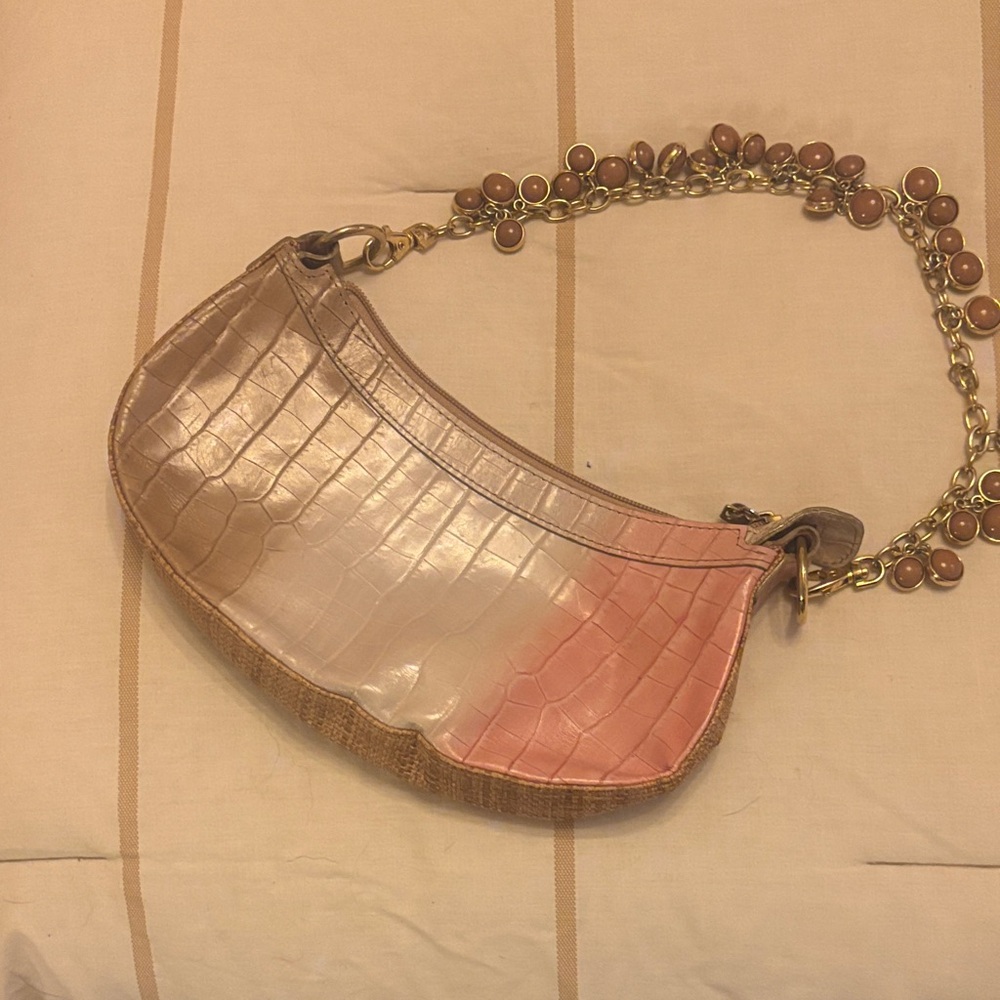 Chic Pink and Tan Croc-Embossed Shoulder Bag